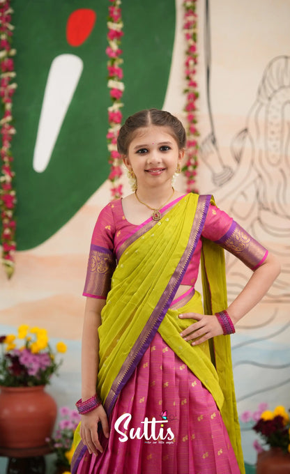 Organza Halfsaree - Deep pink and Yellowish green - Kids-Suttis