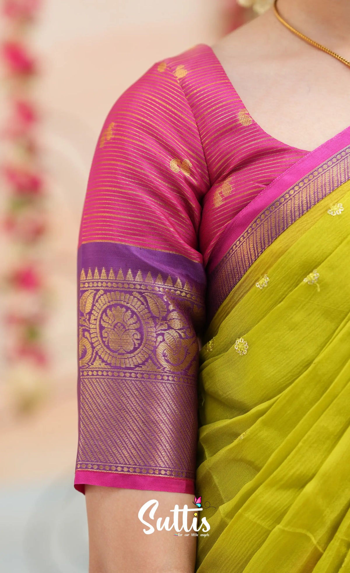 Organza Halfsaree - Deep pink and Yellowish green - Kids-Suttis