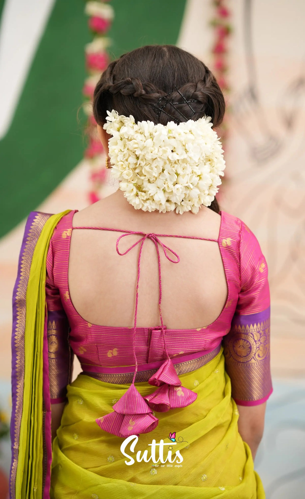Organza Halfsaree - Deep pink and Yellowish green - Kids-Suttis