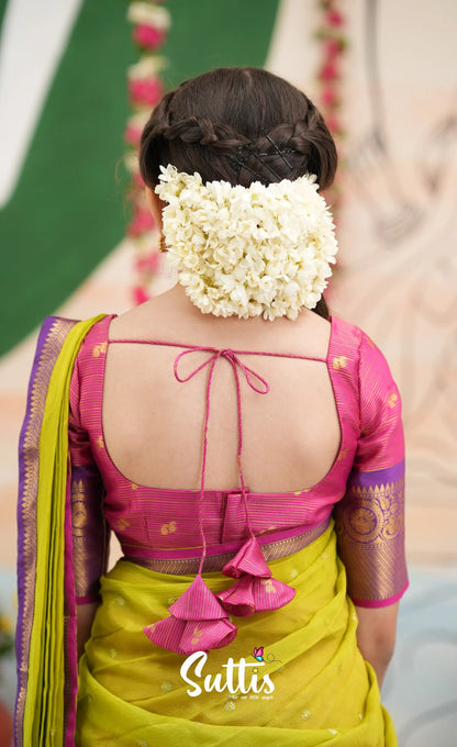 Organza Halfsaree - Deep pink and Yellowish green - Kids-Suttis