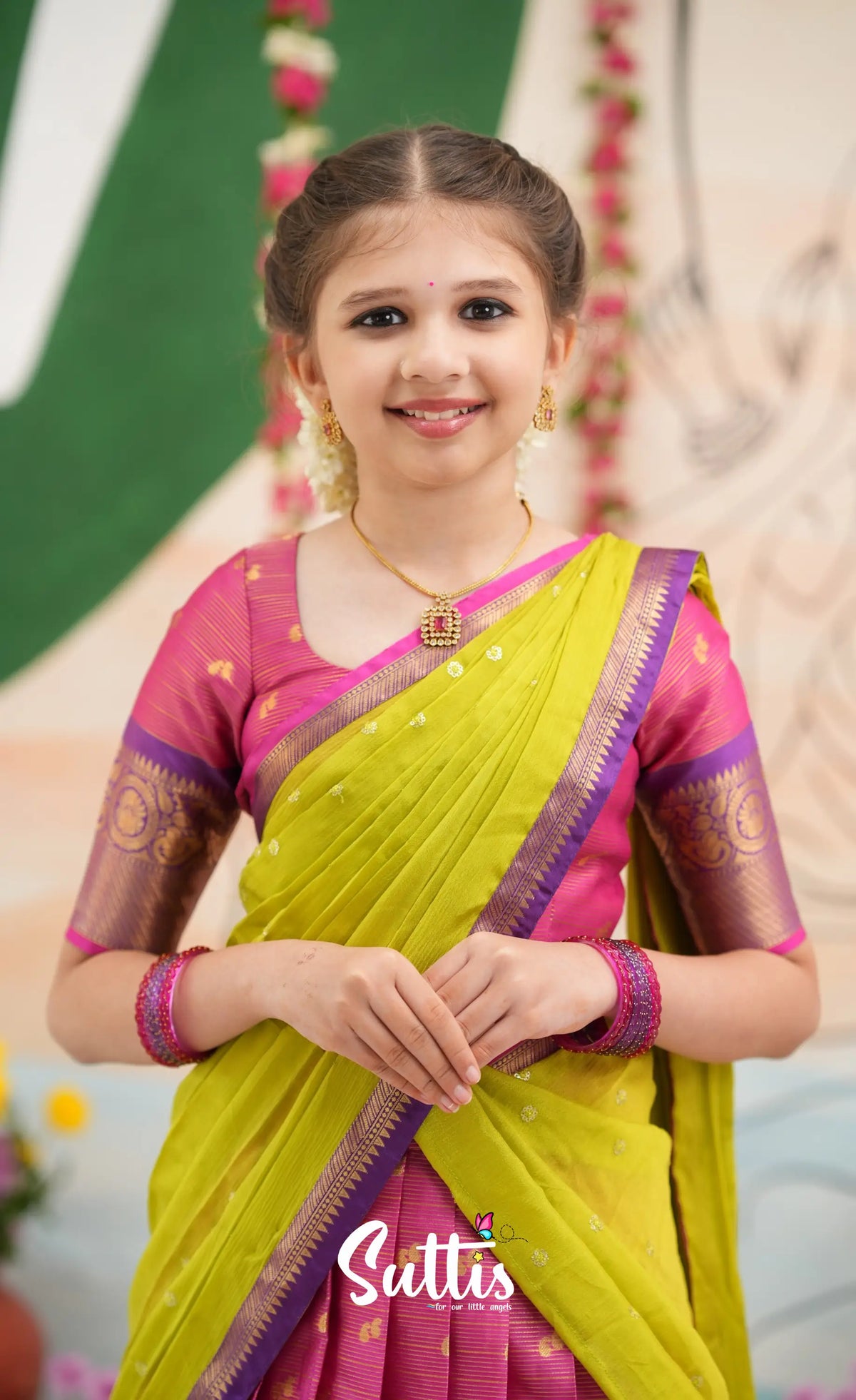 Organza Halfsaree - Deep pink and Yellowish green - Kids-Suttis