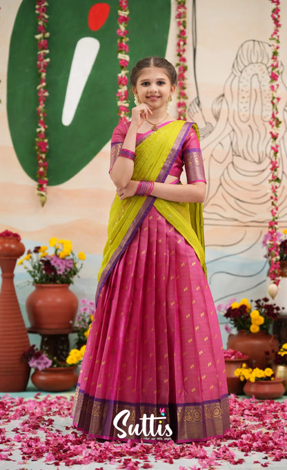 Organza Halfsaree - Deep pink and Yellowish green - Kids-Suttis