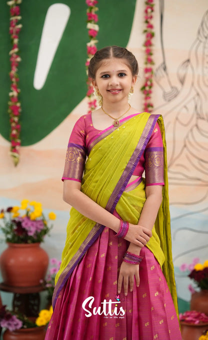 Organza Halfsaree - Deep pink and Yellowish green - Kids-Suttis