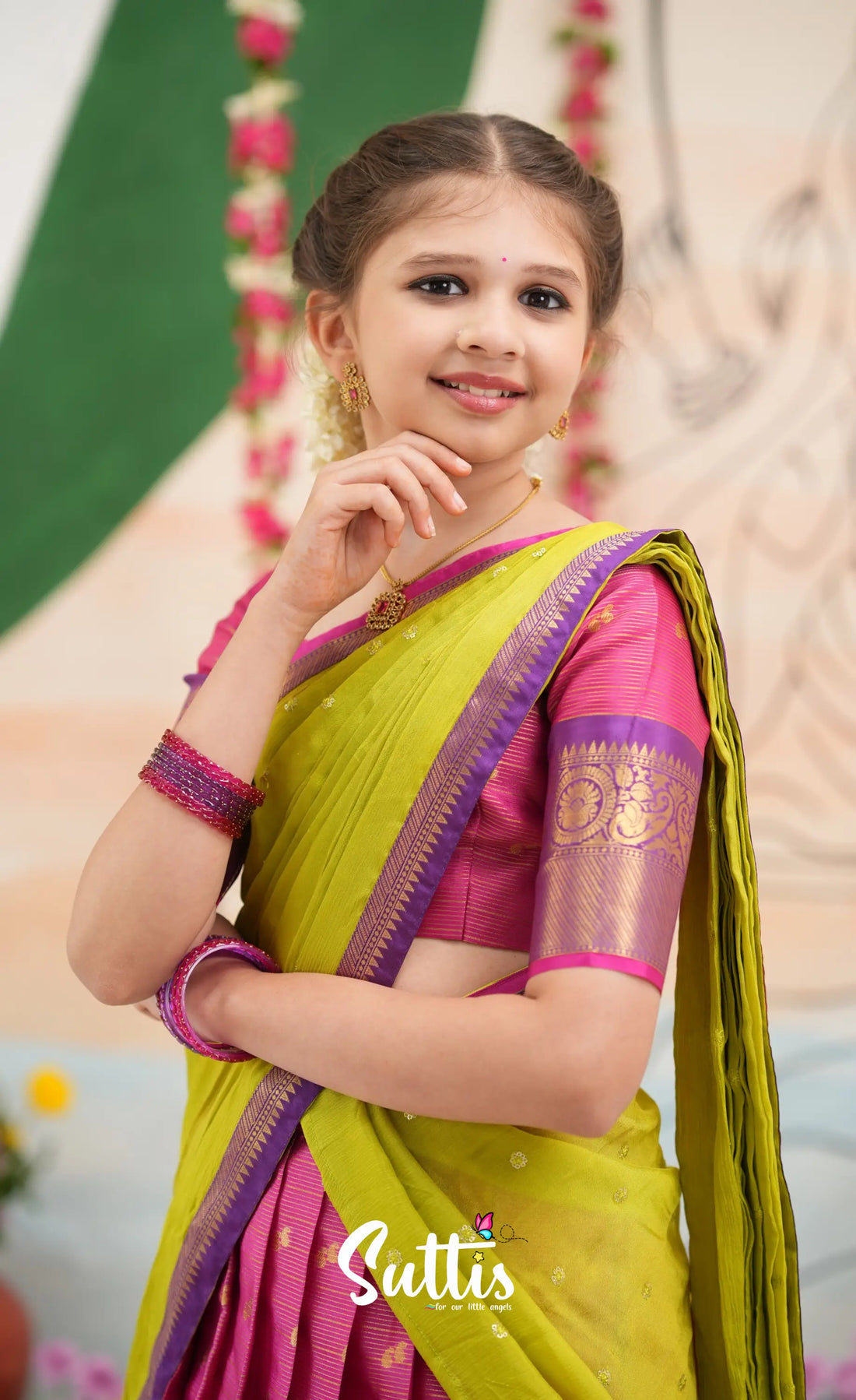 Organza Halfsaree - Deep pink and Yellowish green - Kids-Suttis