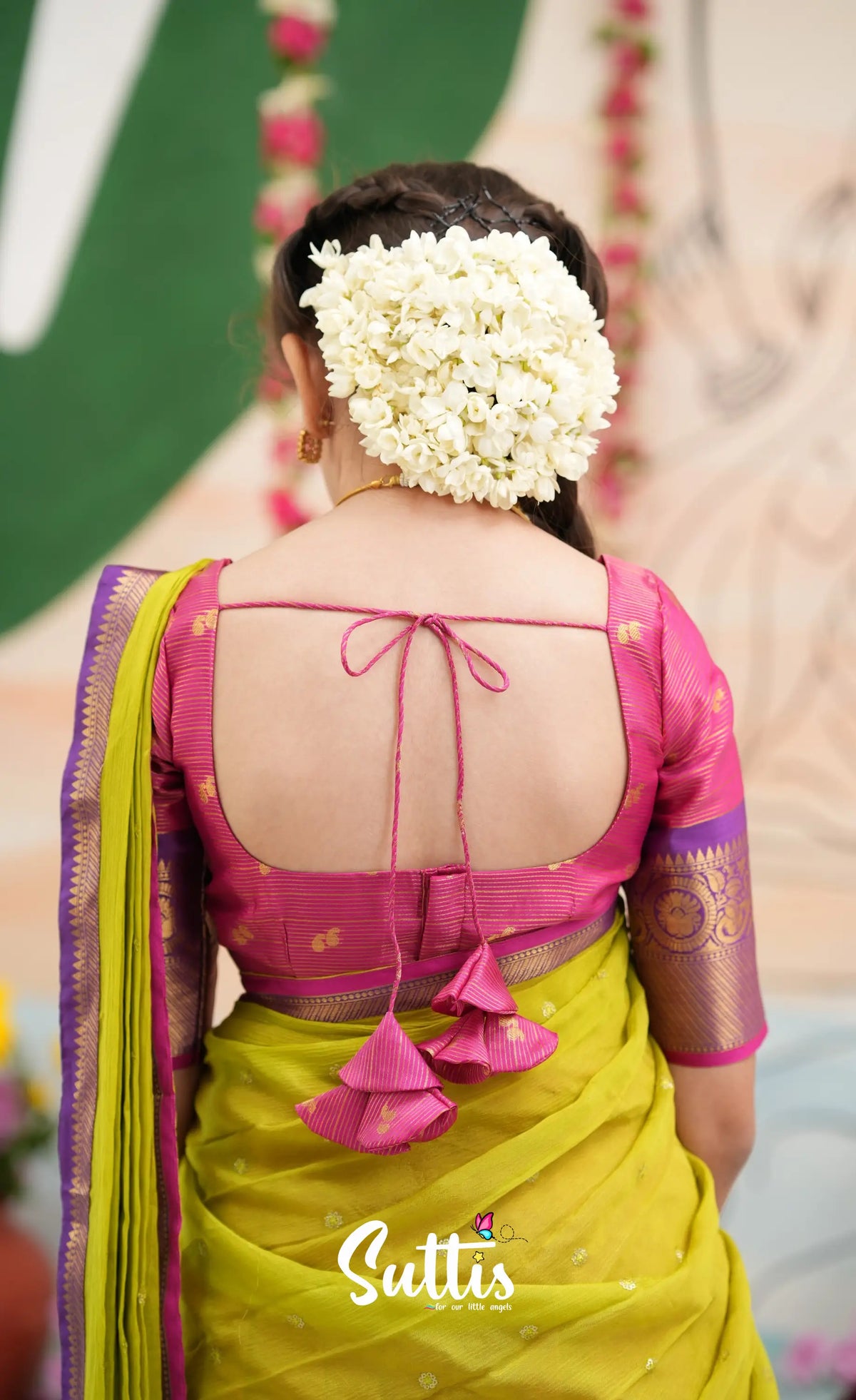 Organza Halfsaree - Deep pink and Yellowish green - Kids-Suttis