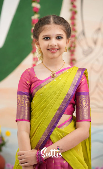 Organza Halfsaree - Deep pink and Yellowish green - Kids-Suttis