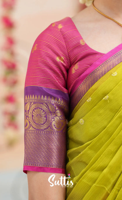 Organza Halfsaree - Deep pink and Yellowish green - Kids-Suttis