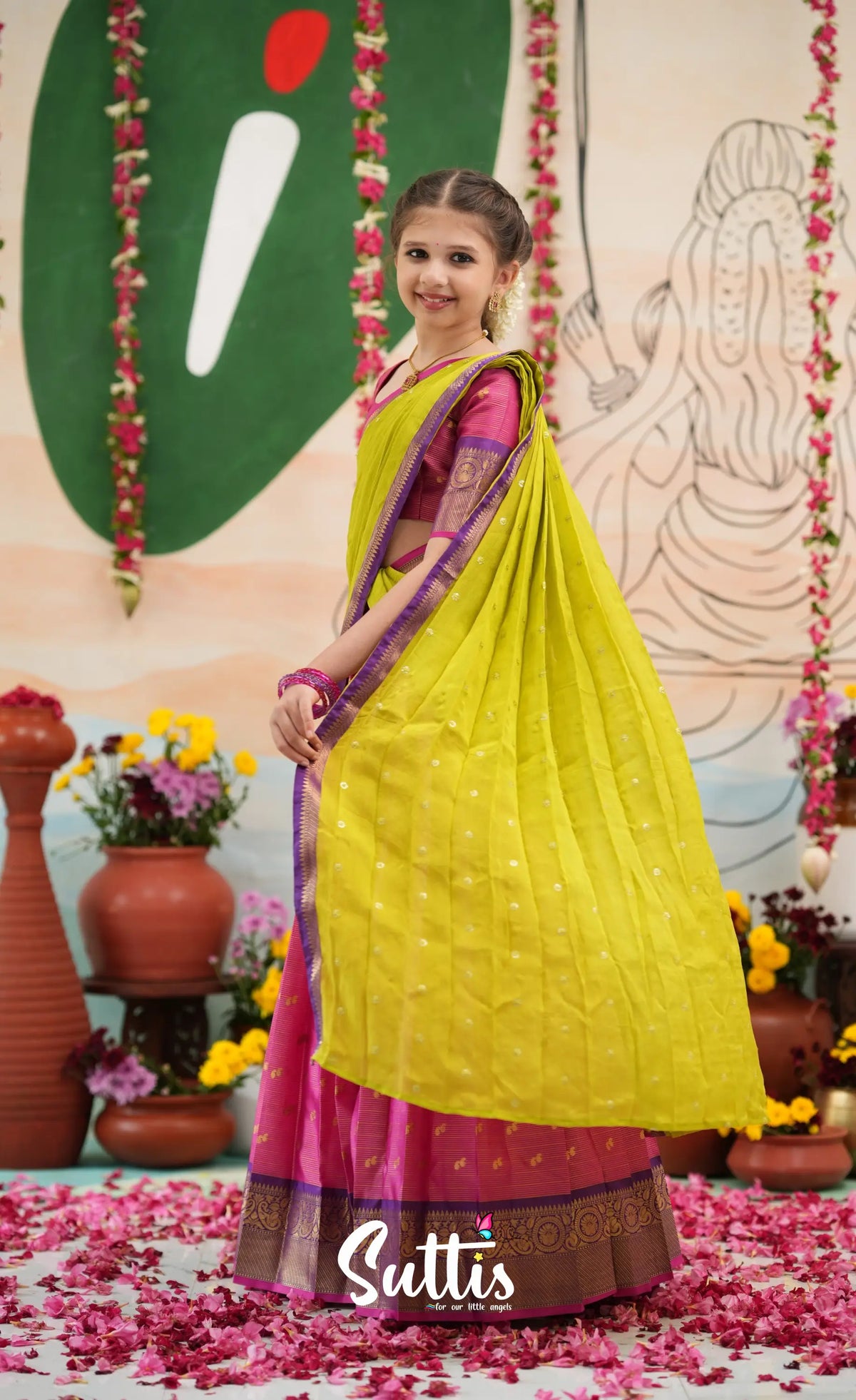 Organza Halfsaree - Deep pink and Yellowish green - Kids-Suttis