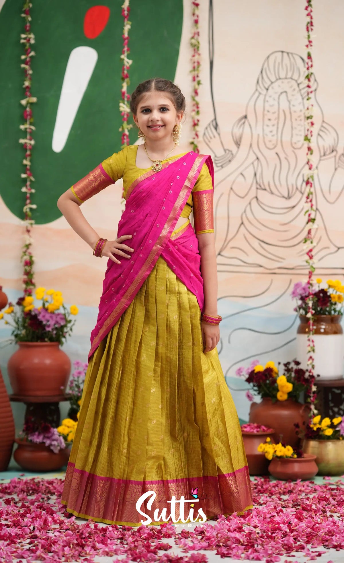Organza Halfsaree - Henna Yellow and Rani Pink - Kids-Suttis