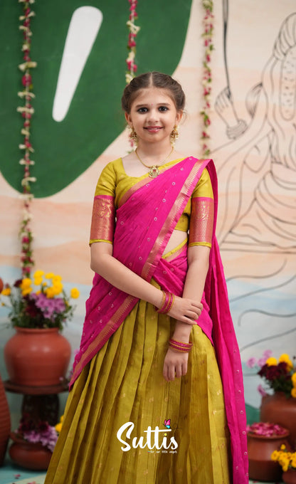 Organza Halfsaree - Henna Yellow and Rani Pink - Kids-Suttis