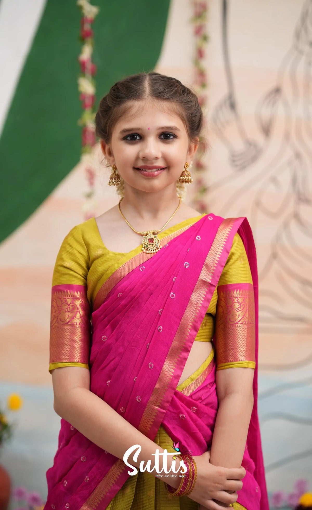 Organza Halfsaree - Henna Yellow and Rani Pink - Kids-Suttis