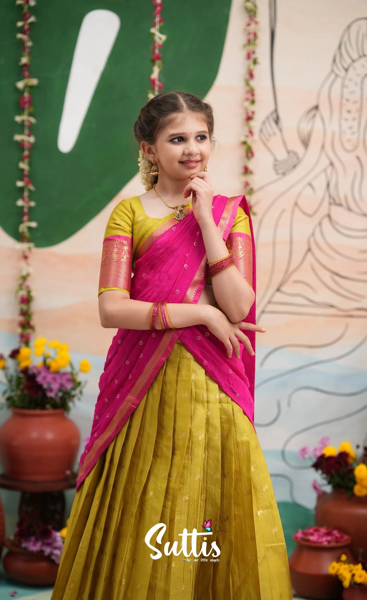 Organza Halfsaree - Henna Yellow and Rani Pink - Kids-Suttis