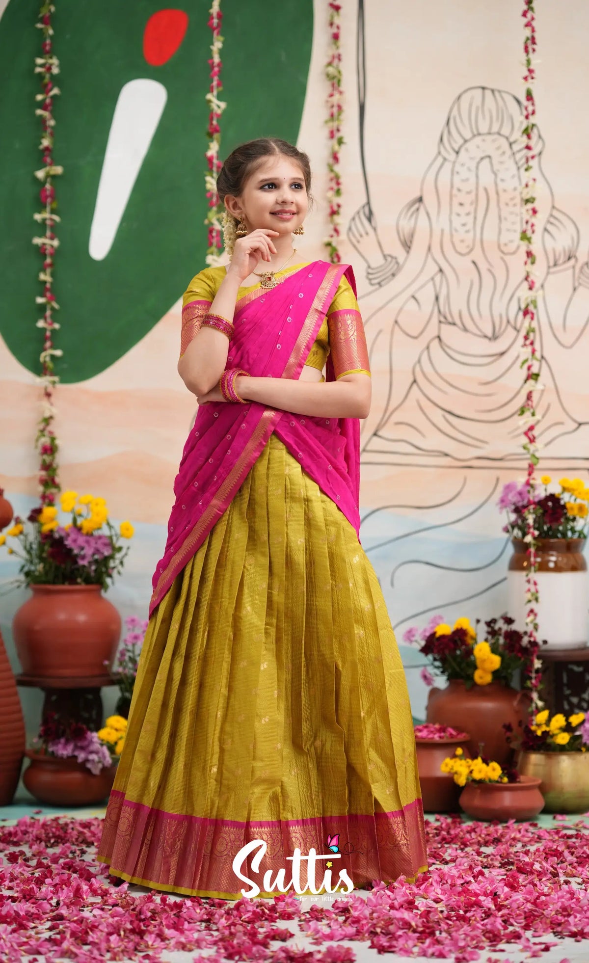 Organza Halfsaree - Henna Yellow and Rani Pink - Kids-Suttis