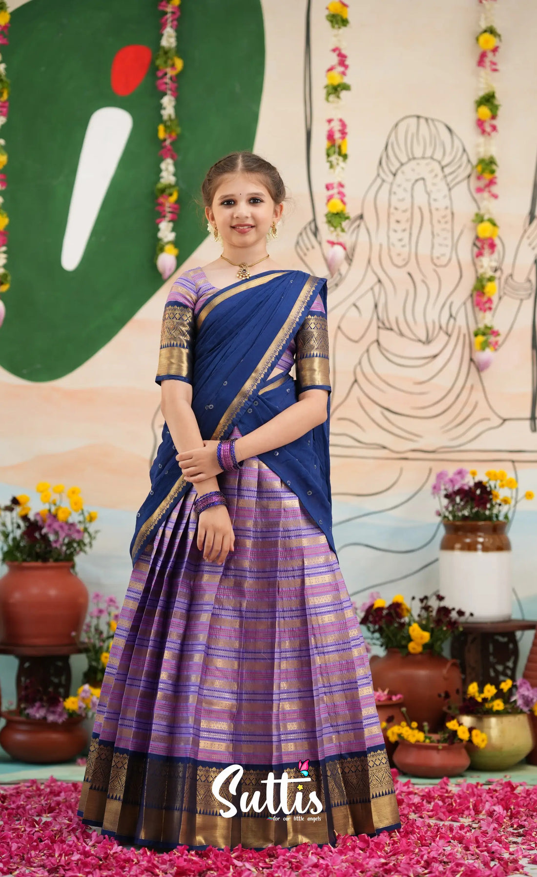 Organza Halfsaree - Lavender and Navy Blue - Kids-Suttis