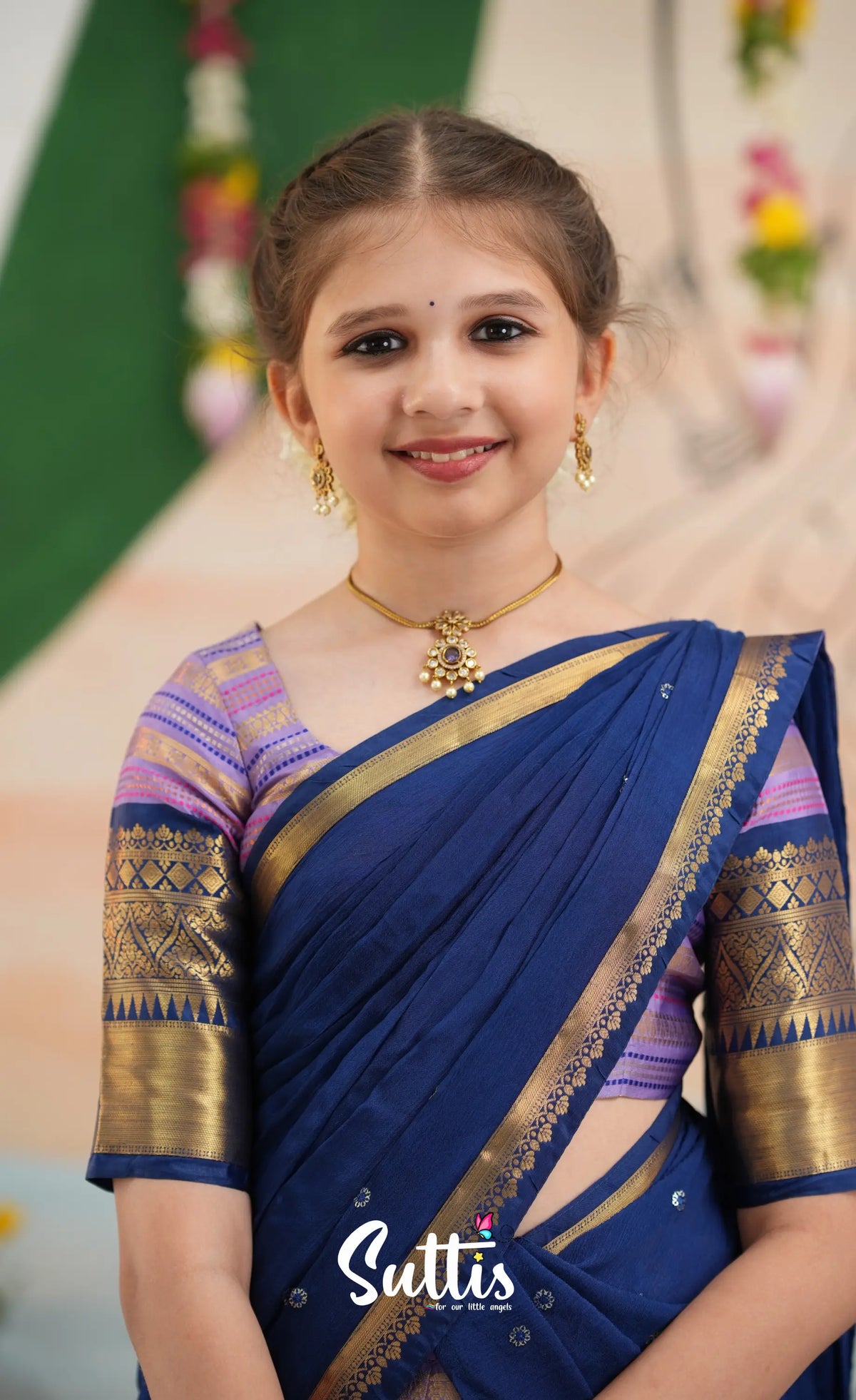 Organza Halfsaree - Lavender and Navy Blue - Kids-Suttis