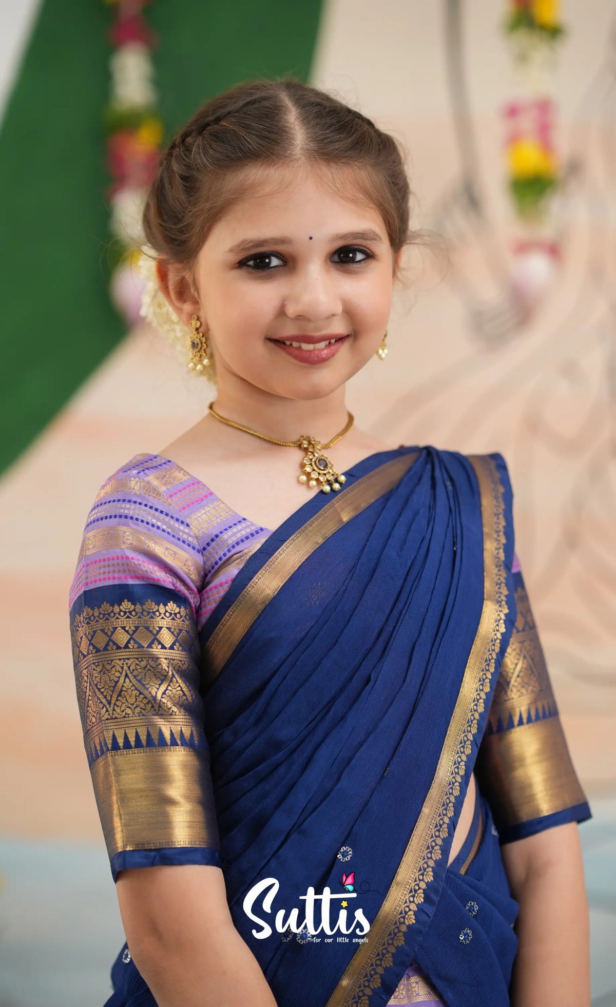 Organza Halfsaree - Lavender and Navy Blue - Kids-Suttis