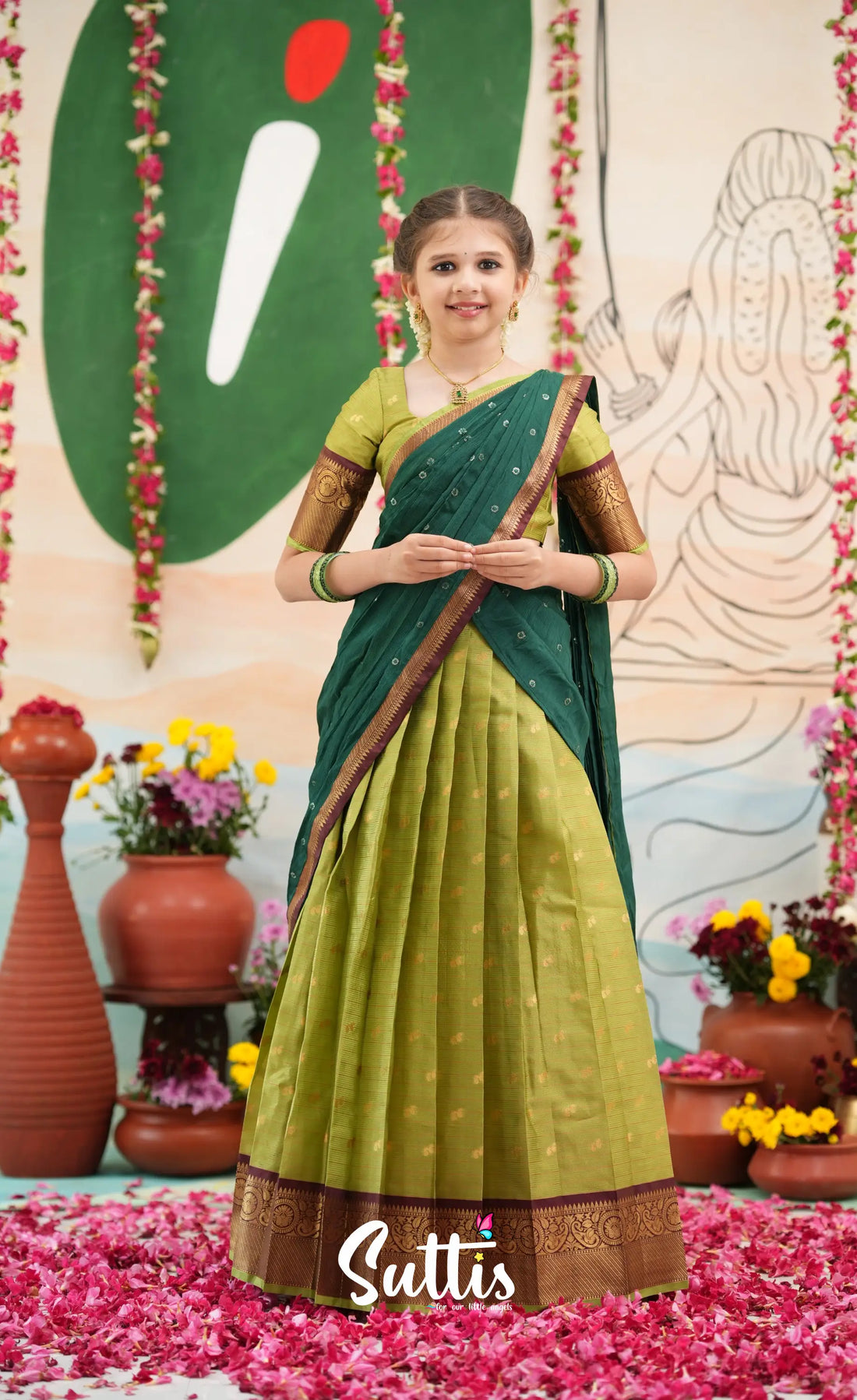 Organza Halfsaree - Light green and Bottle green - Kids-Suttis