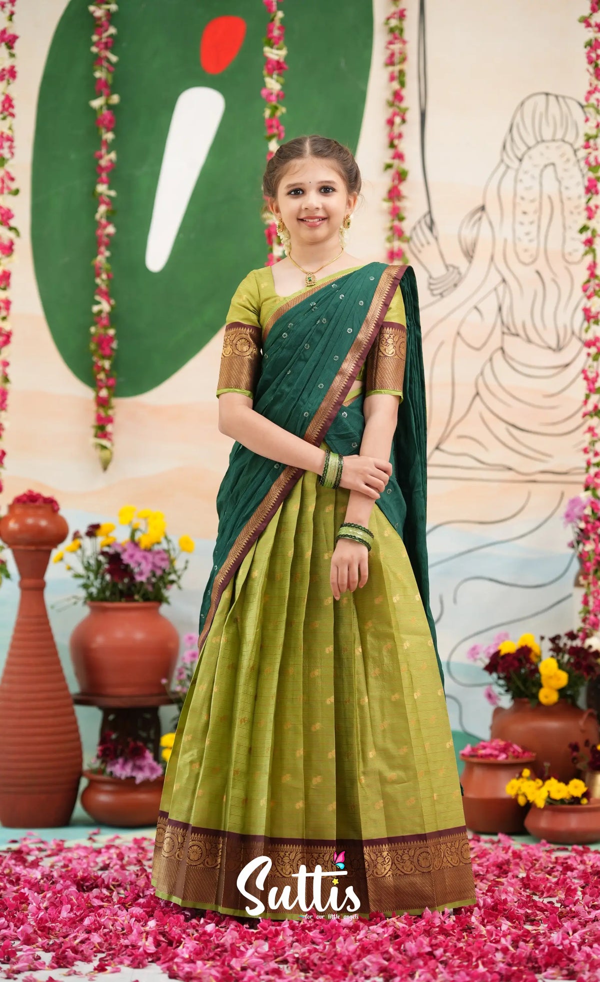 Organza Halfsaree - Light green and Bottle green - Kids-Suttis