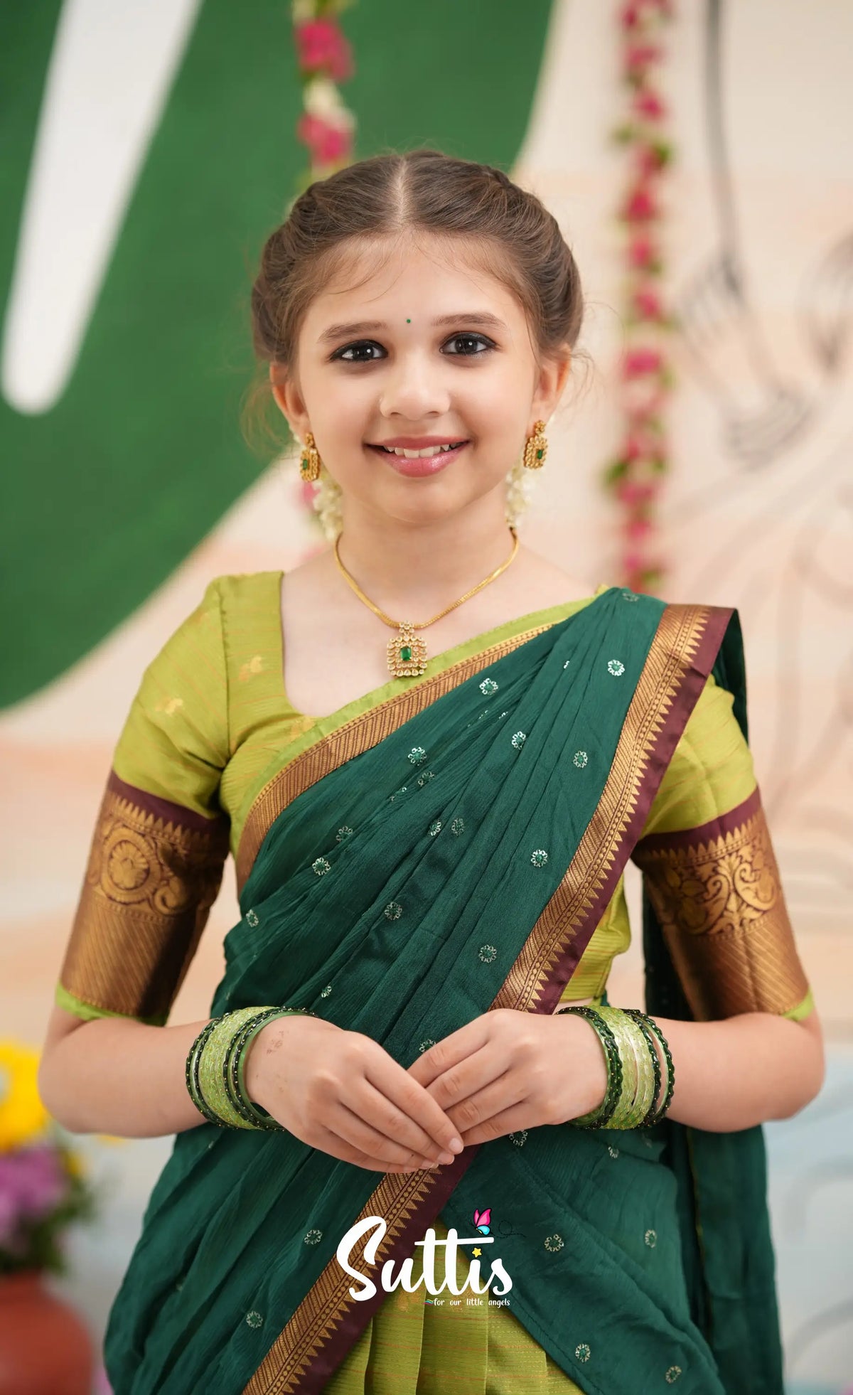 Organza Halfsaree - Light green and Bottle green - Kids-Suttis