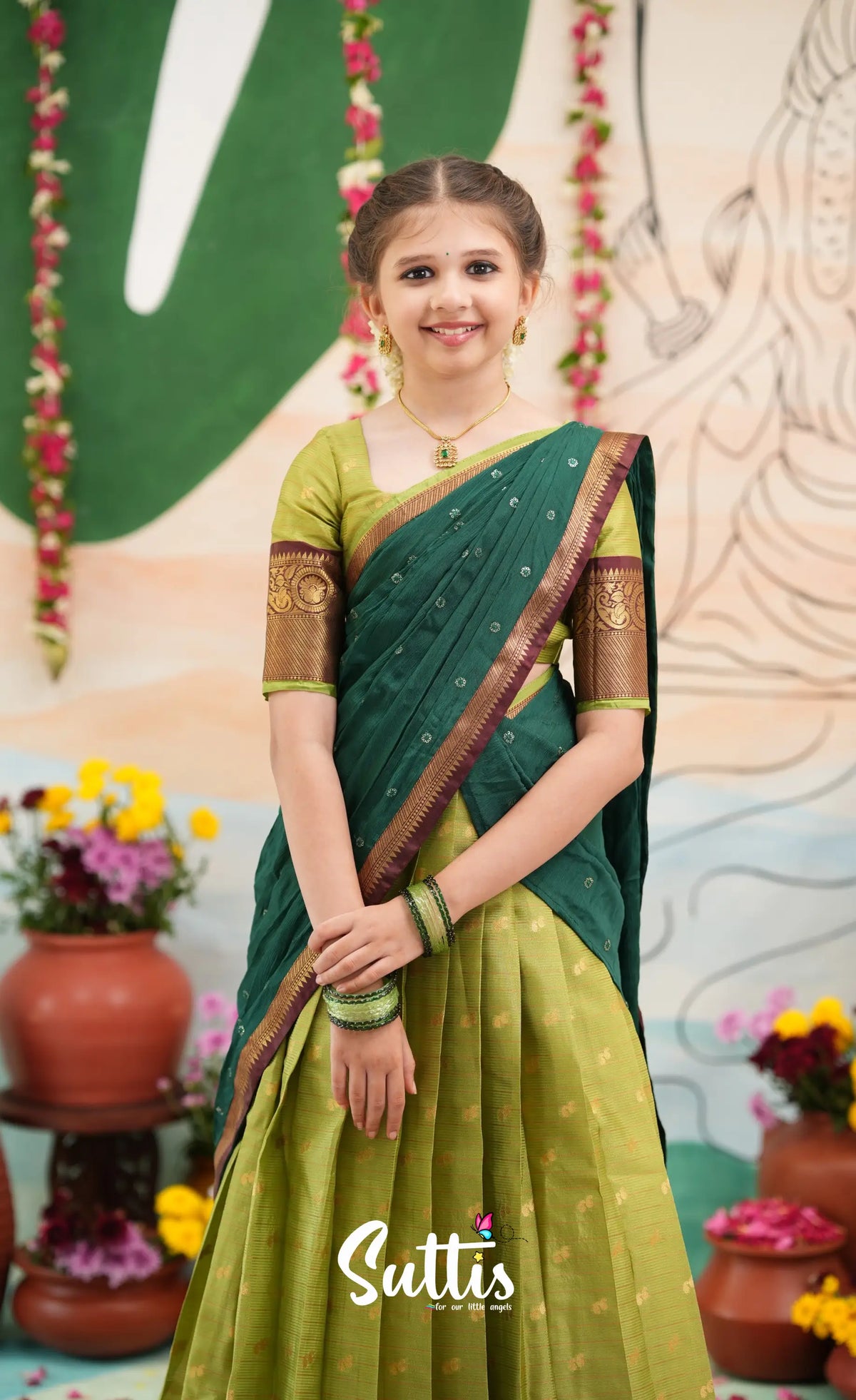 Organza Halfsaree - Light green and Bottle green - Kids-Suttis