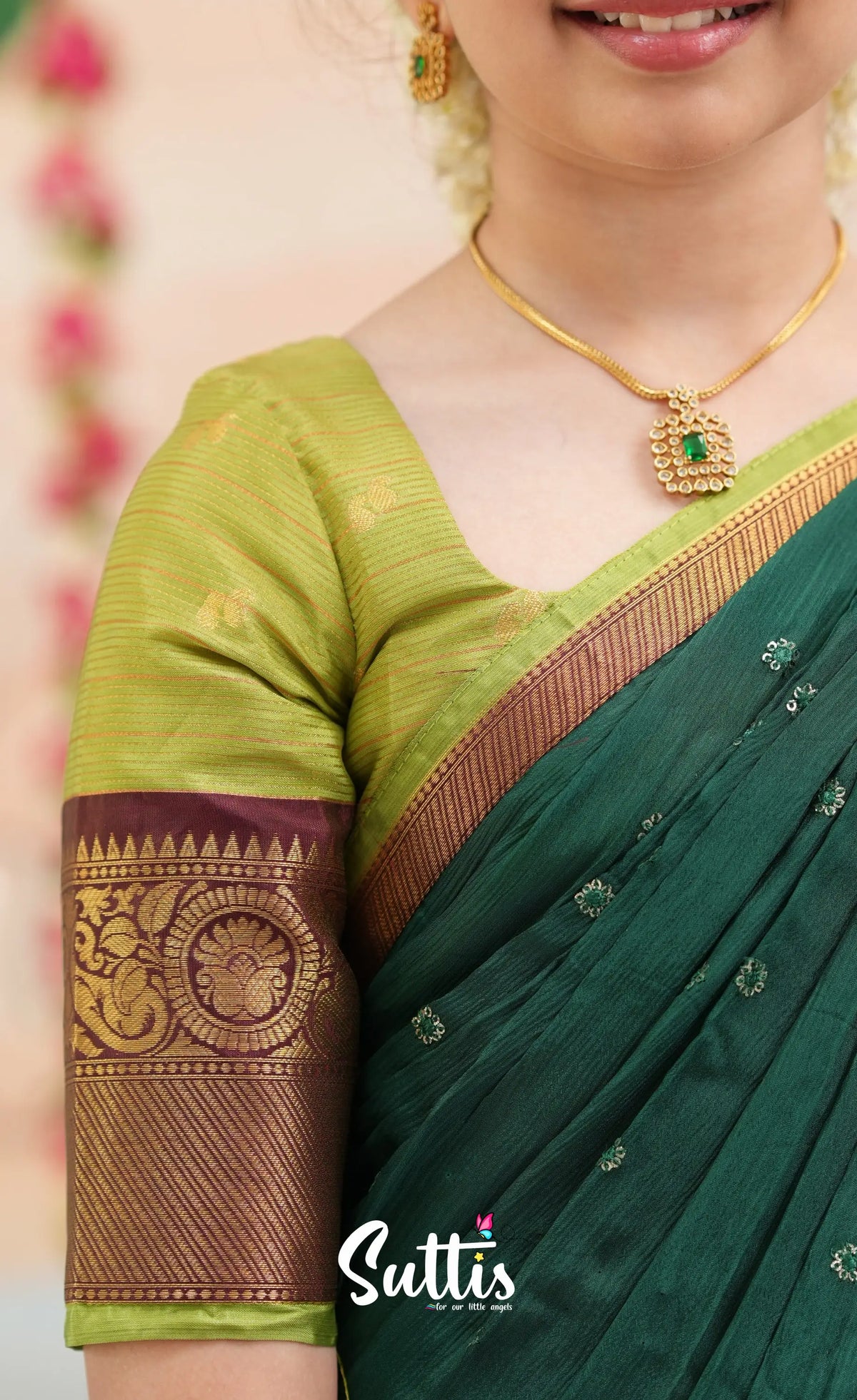 Organza Halfsaree - Light green and Bottle green - Kids-Suttis