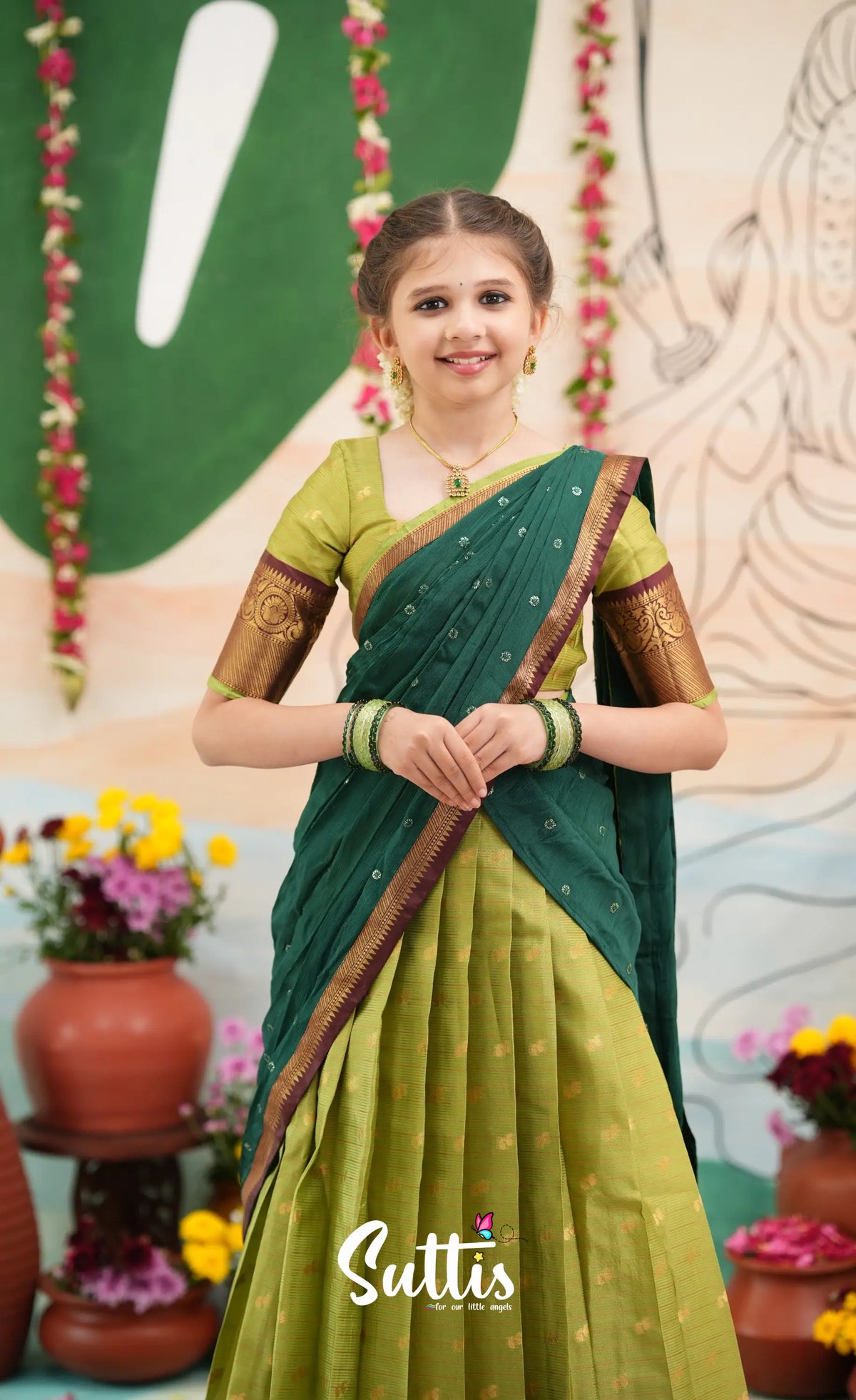 Organza Halfsaree - Light green and Bottle green - Kids-Suttis