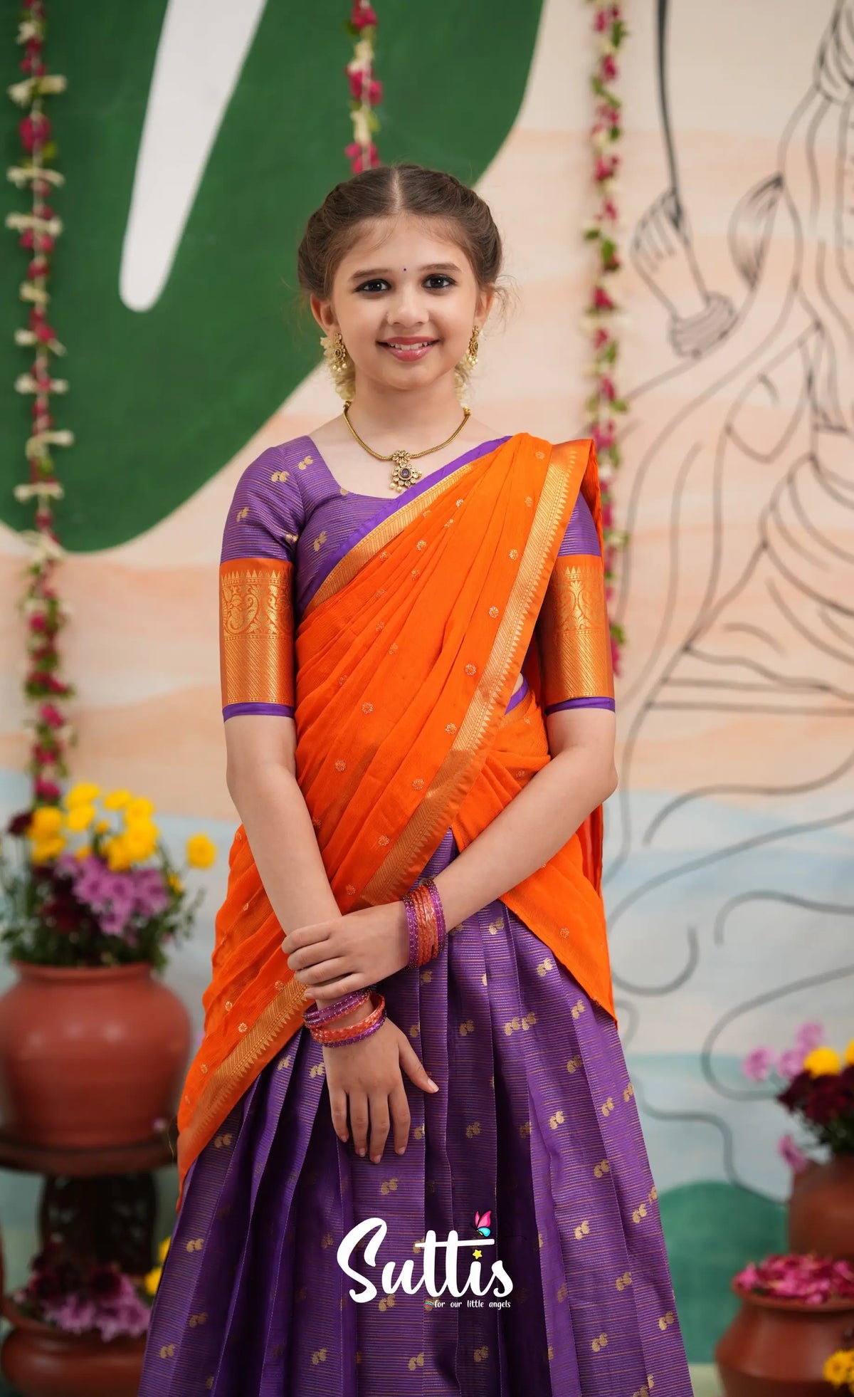 Organza Halfsaree - Purple and Orange - Kids-Suttis