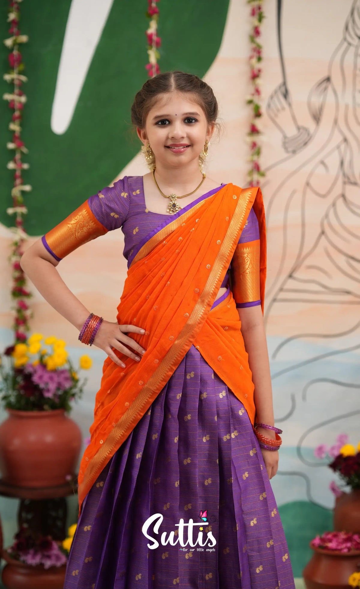 Organza Halfsaree - Purple and Orange - Kids-Suttis