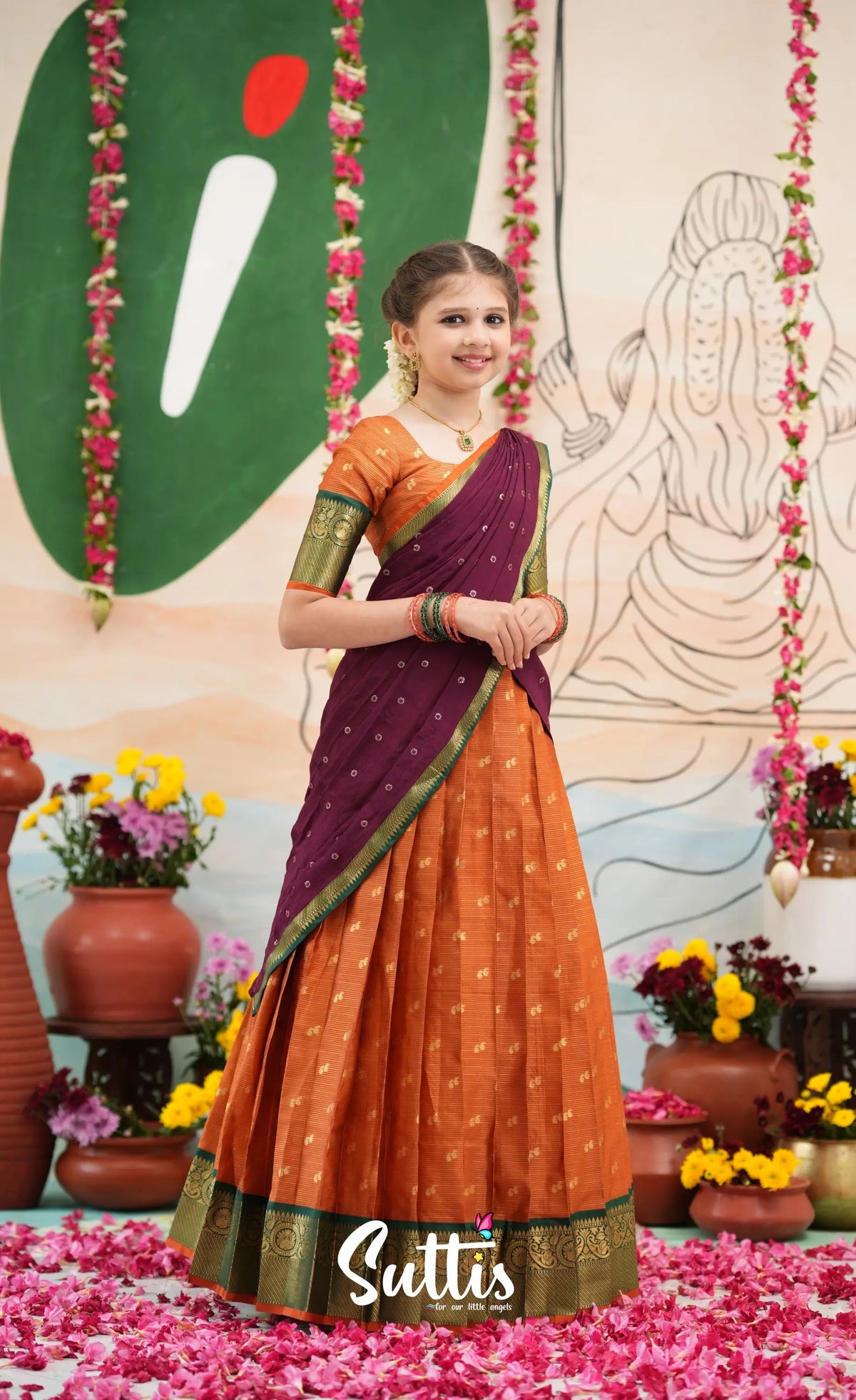 Organza Halfsaree - Rust Orange and Dark maroonish wine - Kids-Suttis