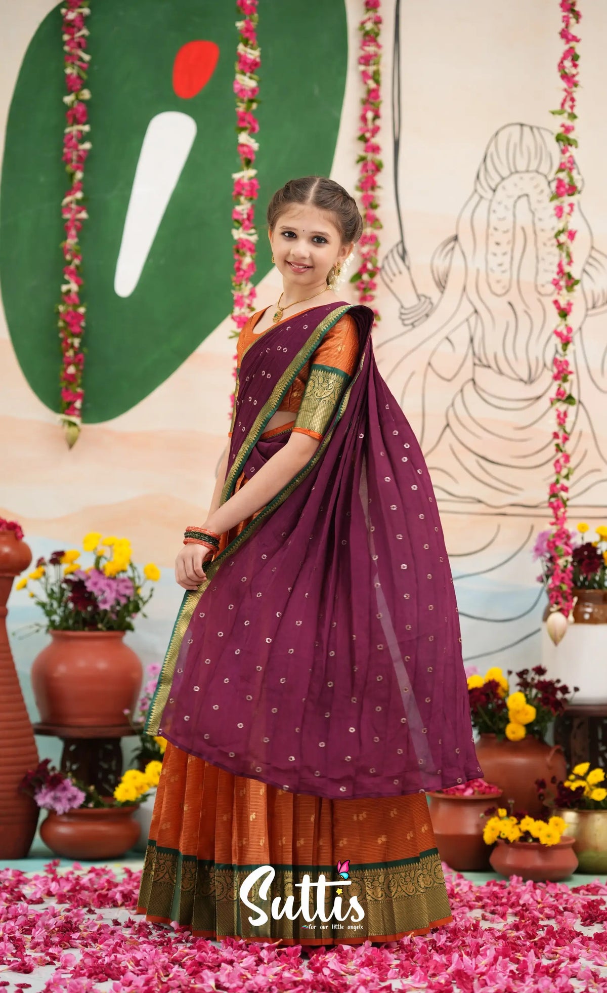 Organza Halfsaree - Rust Orange and Dark maroonish wine - Kids-Suttis