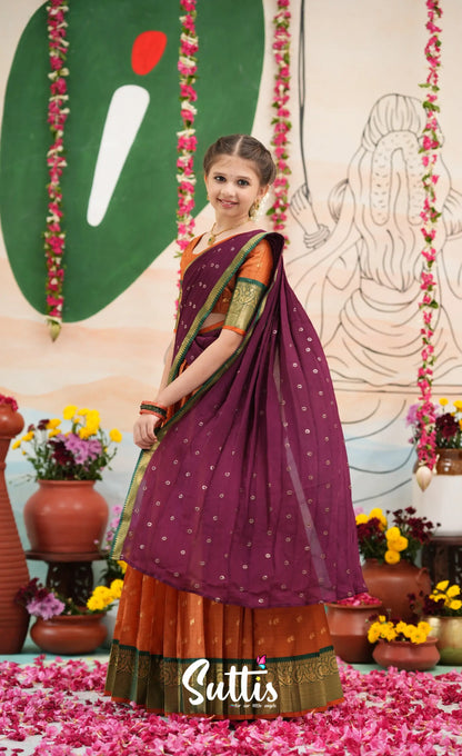 Organza Halfsaree - Rust Orange and Dark maroonish wine - Kids-Suttis
