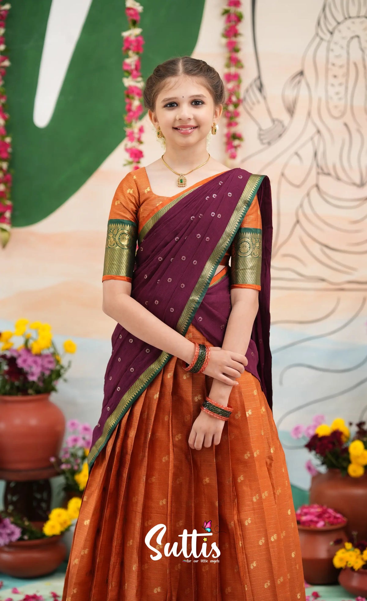 Organza Halfsaree - Rust Orange and Dark maroonish wine - Kids-Suttis