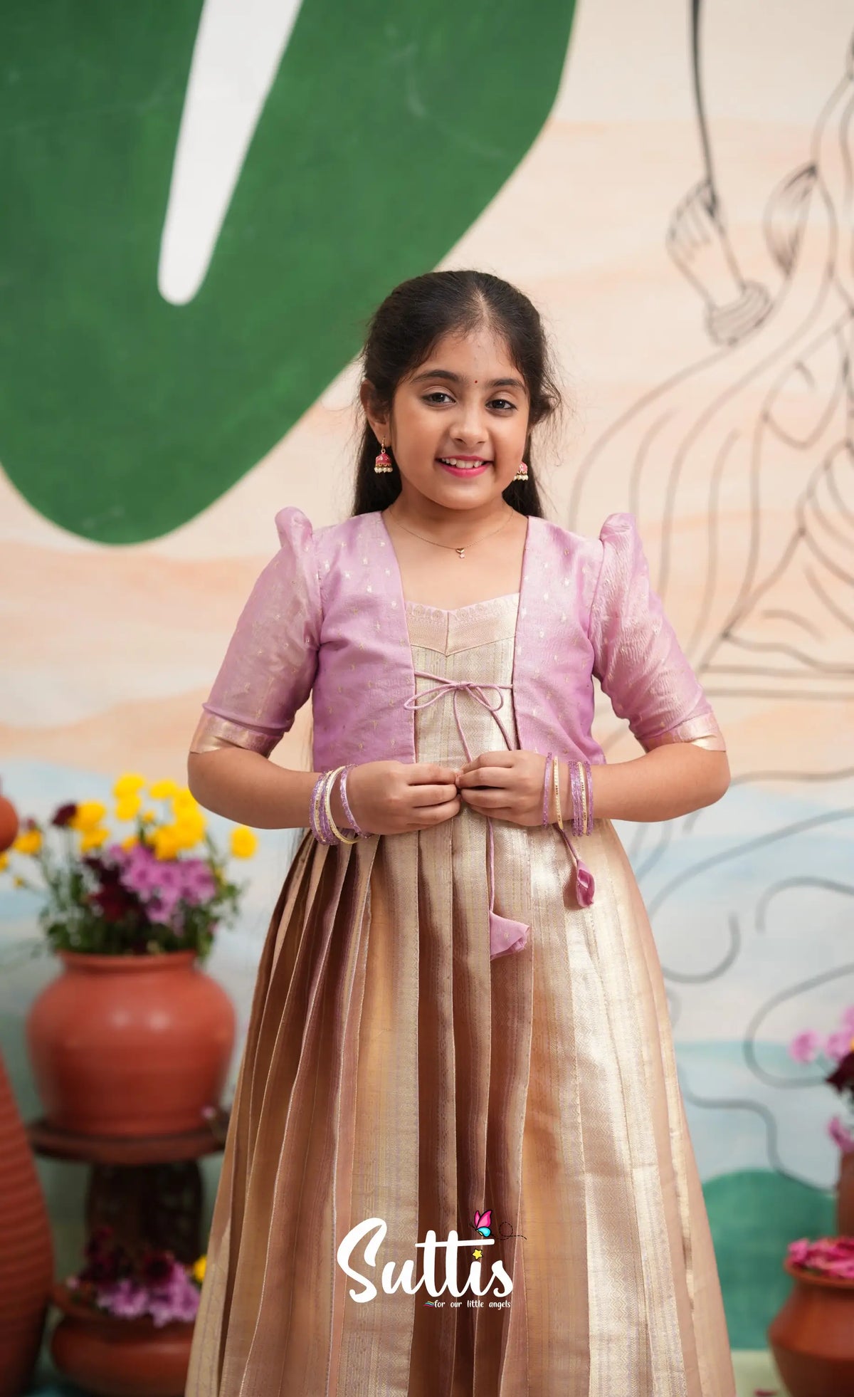 Organza Long Gown with Jacket - Dual tone gold and Lilac - Kids-Suttis