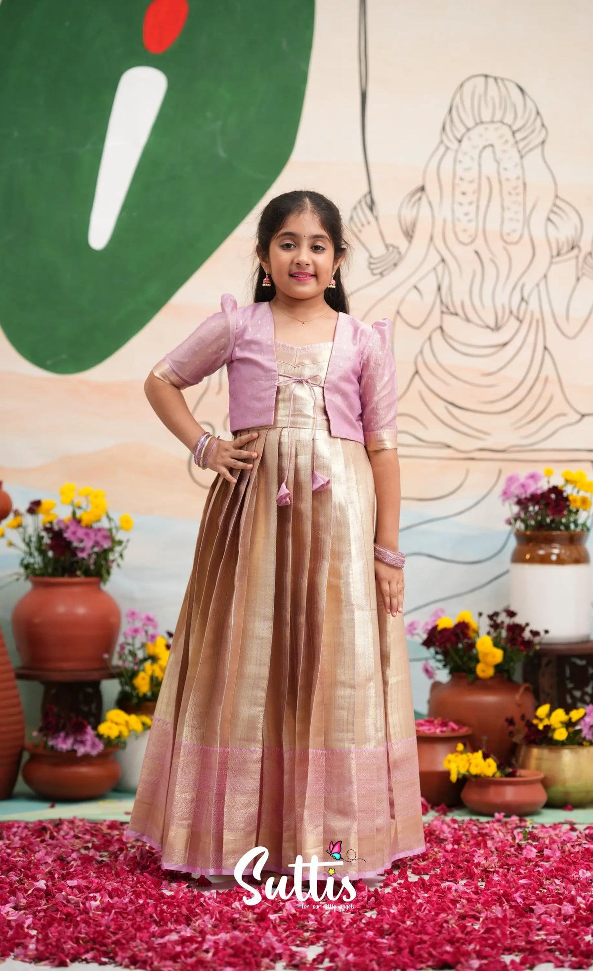 Organza Long Gown with Jacket - Dual tone gold and Lilac - Kids-Suttis
