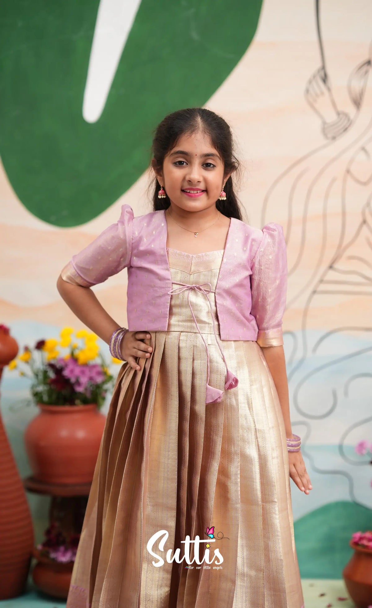 Organza Long Gown with Jacket - Dual tone gold and Lilac - Kids-Suttis