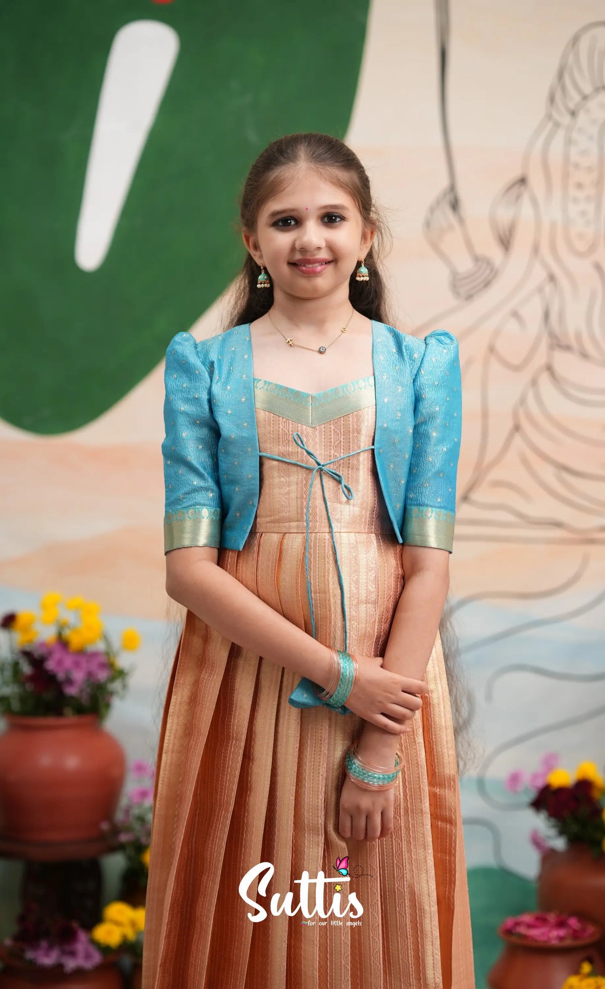 Organza Long Gown with Jacket - Peach and Light blue - Kids-Suttis