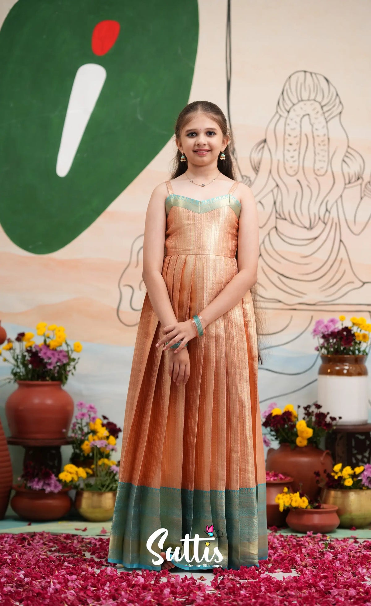 Organza Long Gown with Jacket - Peach and Light blue - Kids-Suttis