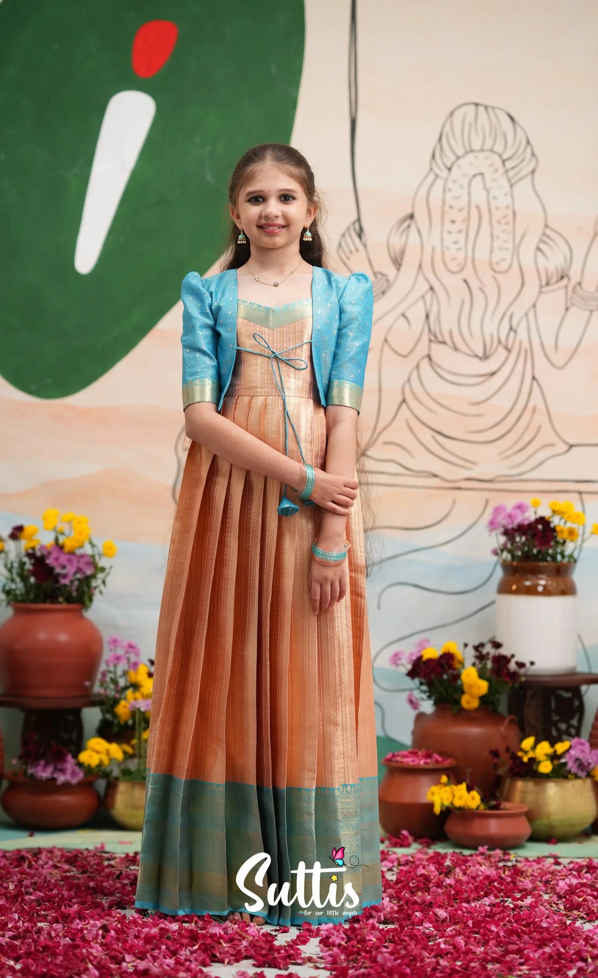 Organza Long Gown with Jacket - Peach and Light blue - Kids-Suttis