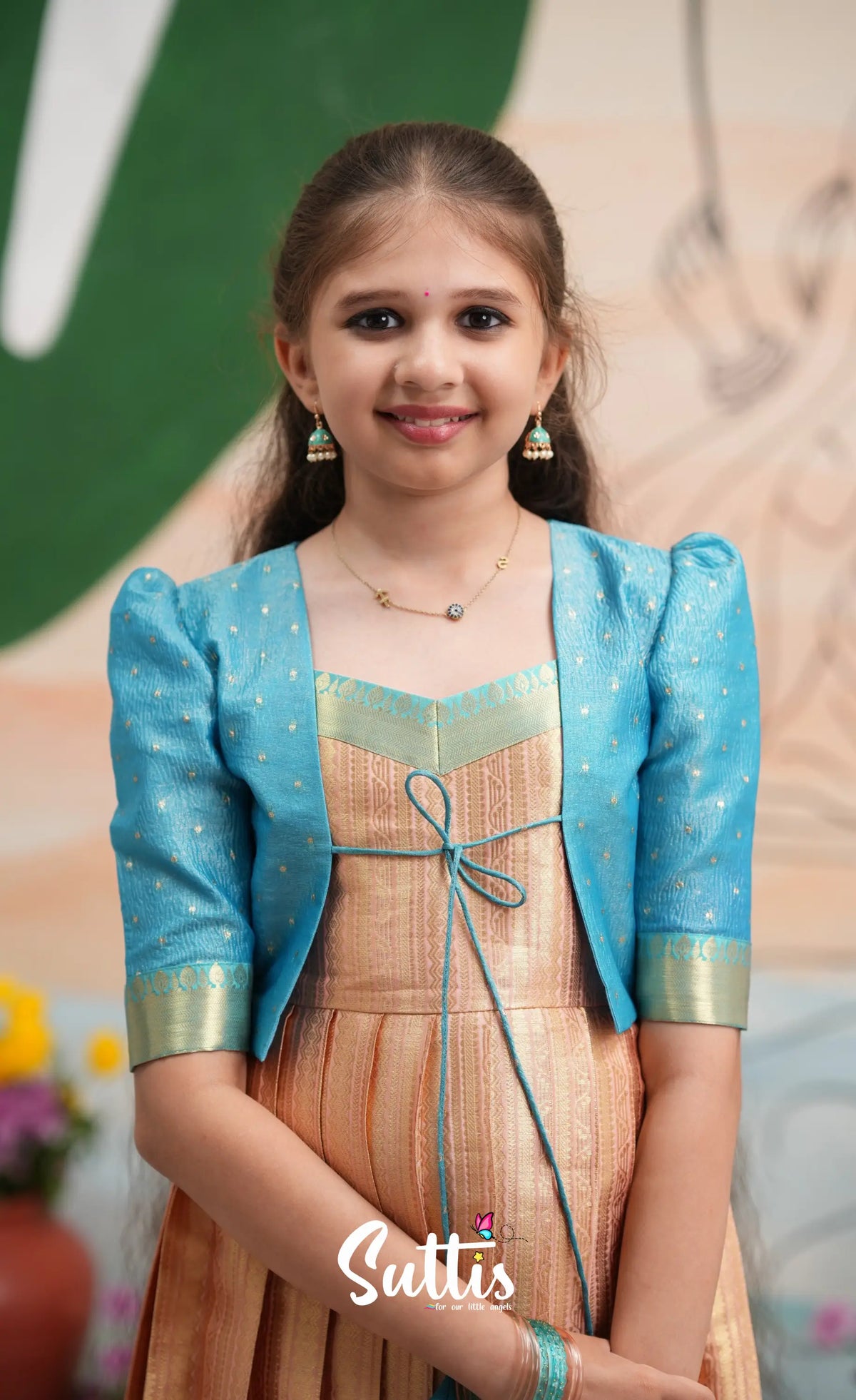Organza Long Gown with Jacket - Peach and Light blue - Kids-Suttis