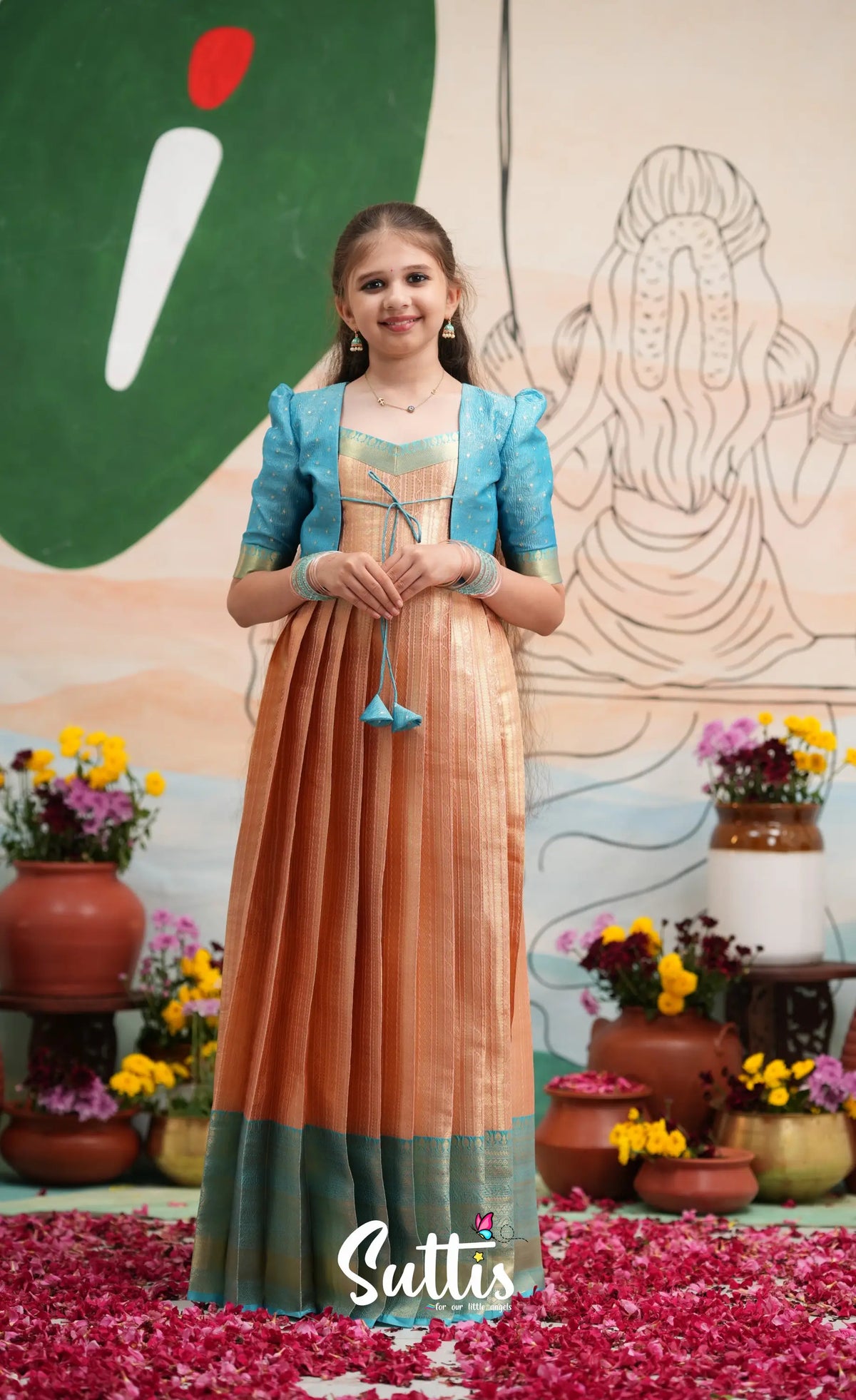 Organza Long Gown with Jacket - Peach and Light blue - Kids-Suttis