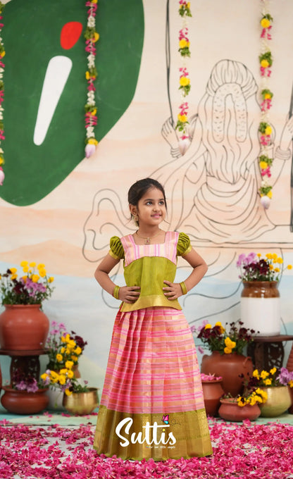 Organza Pavadai Sattai - Baby Pink and Light Green - Kids-Suttis