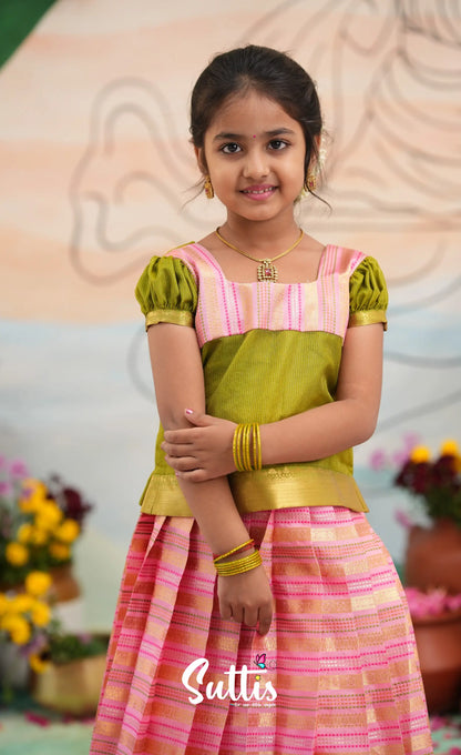 Organza Pavadai Sattai - Baby Pink and Light Green - Kids-Suttis