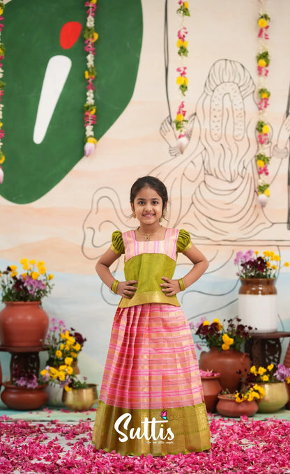 Organza Pavadai Sattai - Baby Pink and Light Green - Kids-Suttis