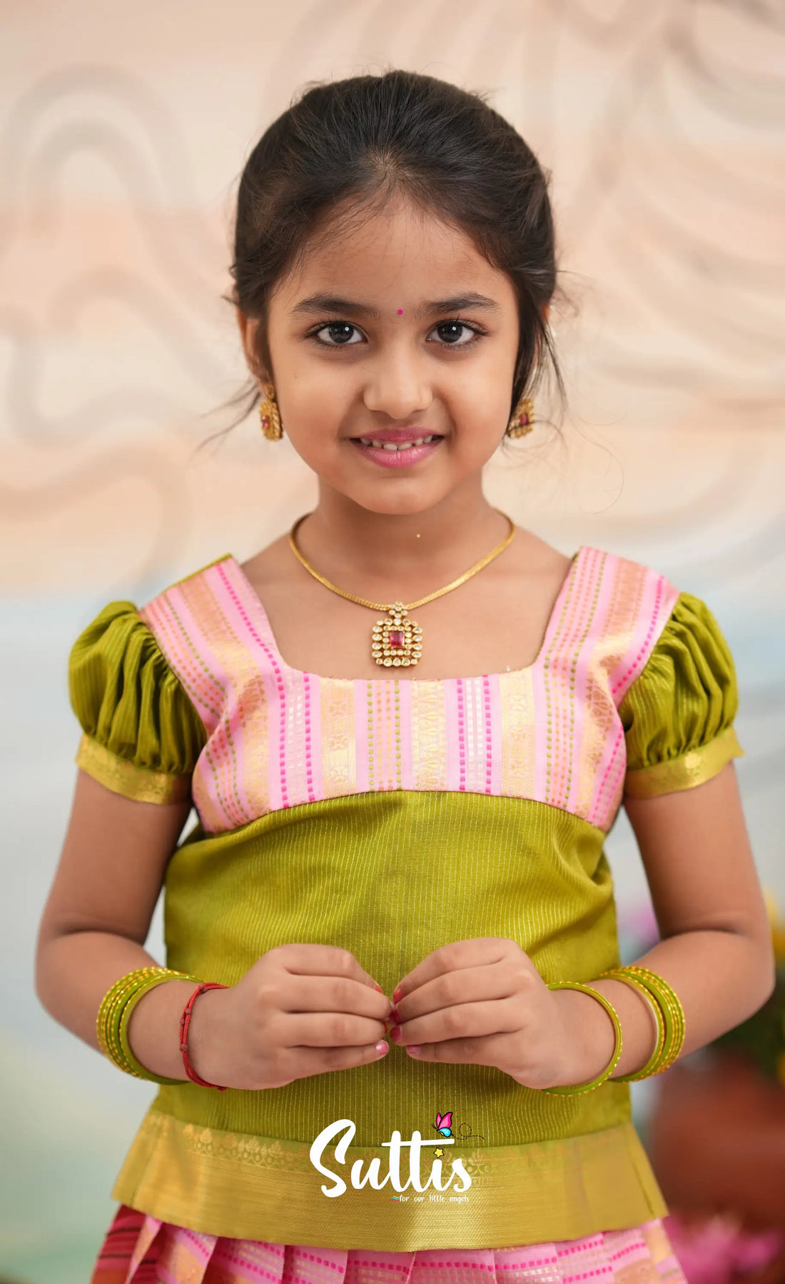 Organza Pavadai Sattai - Baby Pink and Light Green - Kids-Suttis
