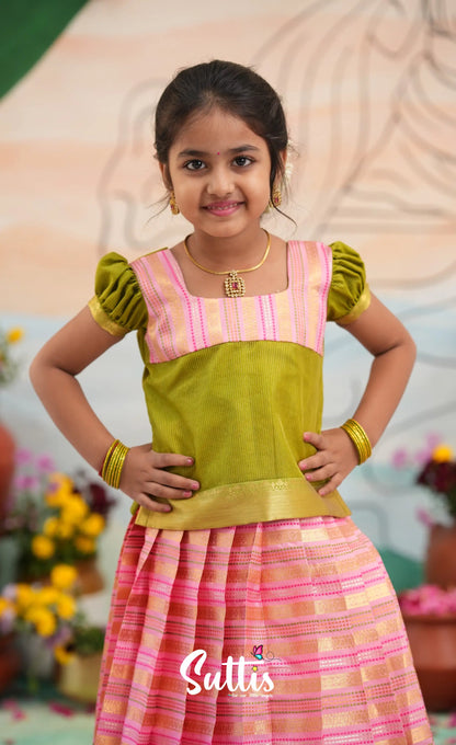 Organza Pavadai Sattai - Baby Pink and Light Green - Kids-Suttis
