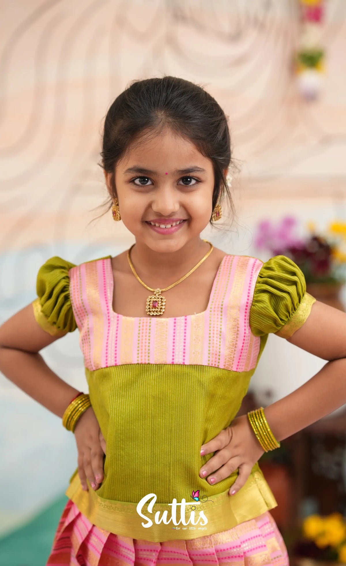 Organza Pavadai Sattai - Baby Pink and Light Green - Kids-Suttis