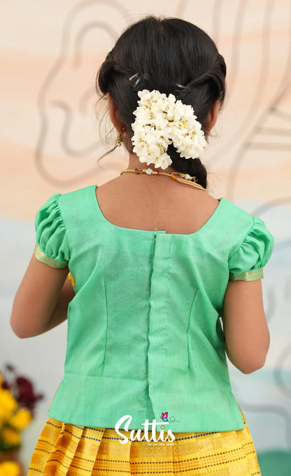 Organza Pavadai Sattai - Bright Yellow and Turquoise Blue - Kids-Suttis