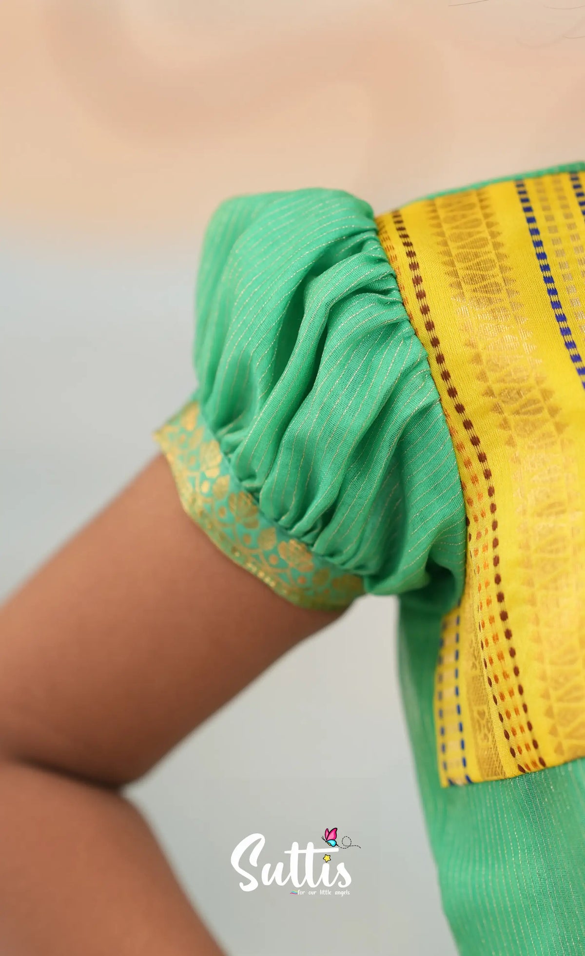 Organza Pavadai Sattai - Bright Yellow and Turquoise Blue - Kids-Suttis