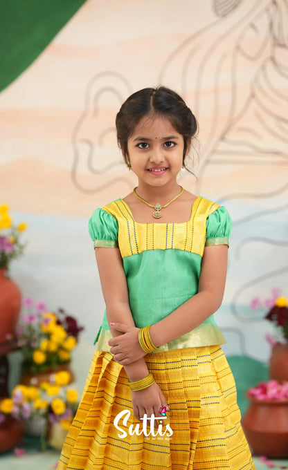 Organza Pavadai Sattai - Bright Yellow and Turquoise Blue - Kids-Suttis