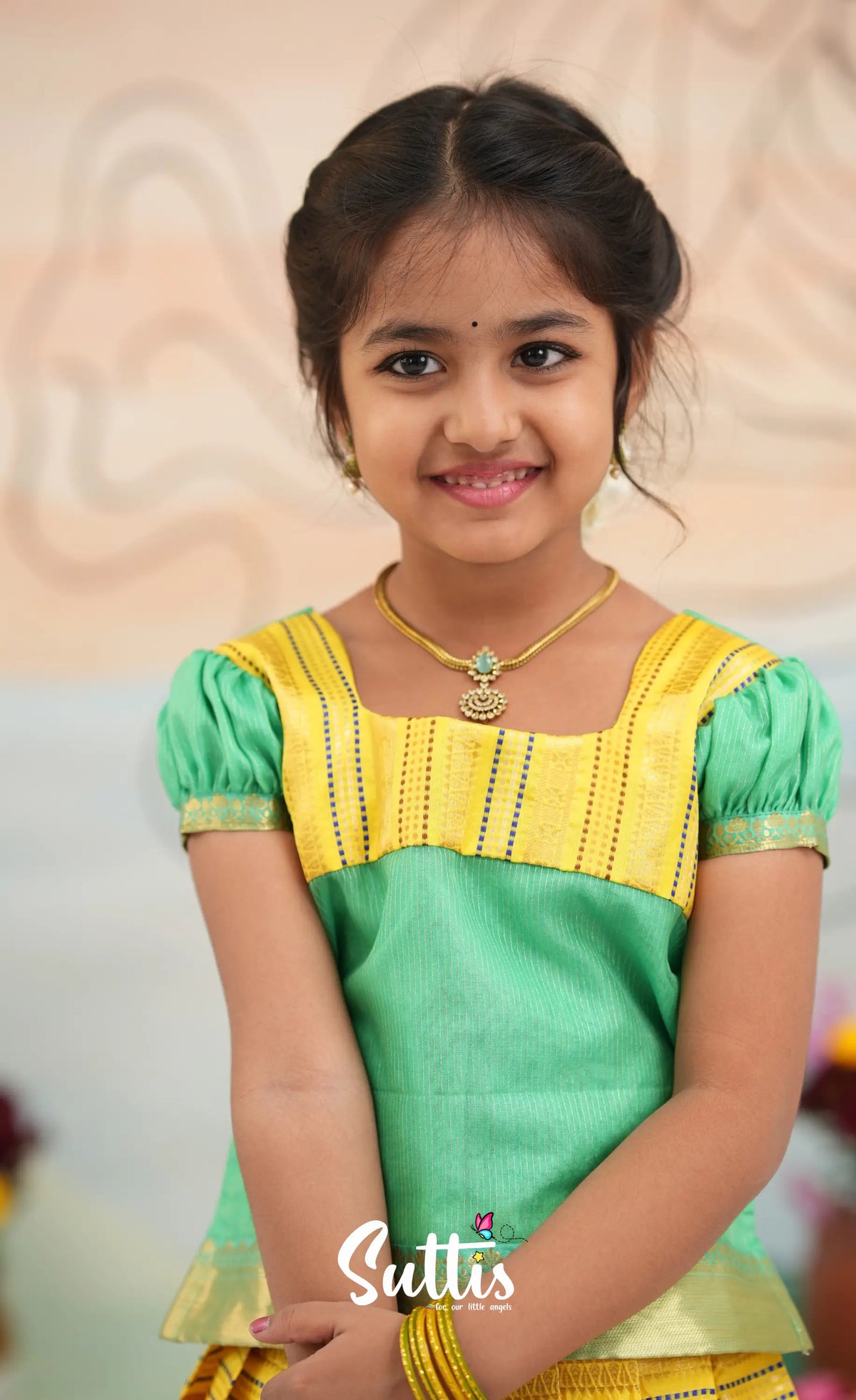 Organza Pavadai Sattai - Bright Yellow and Turquoise Blue - Kids-Suttis